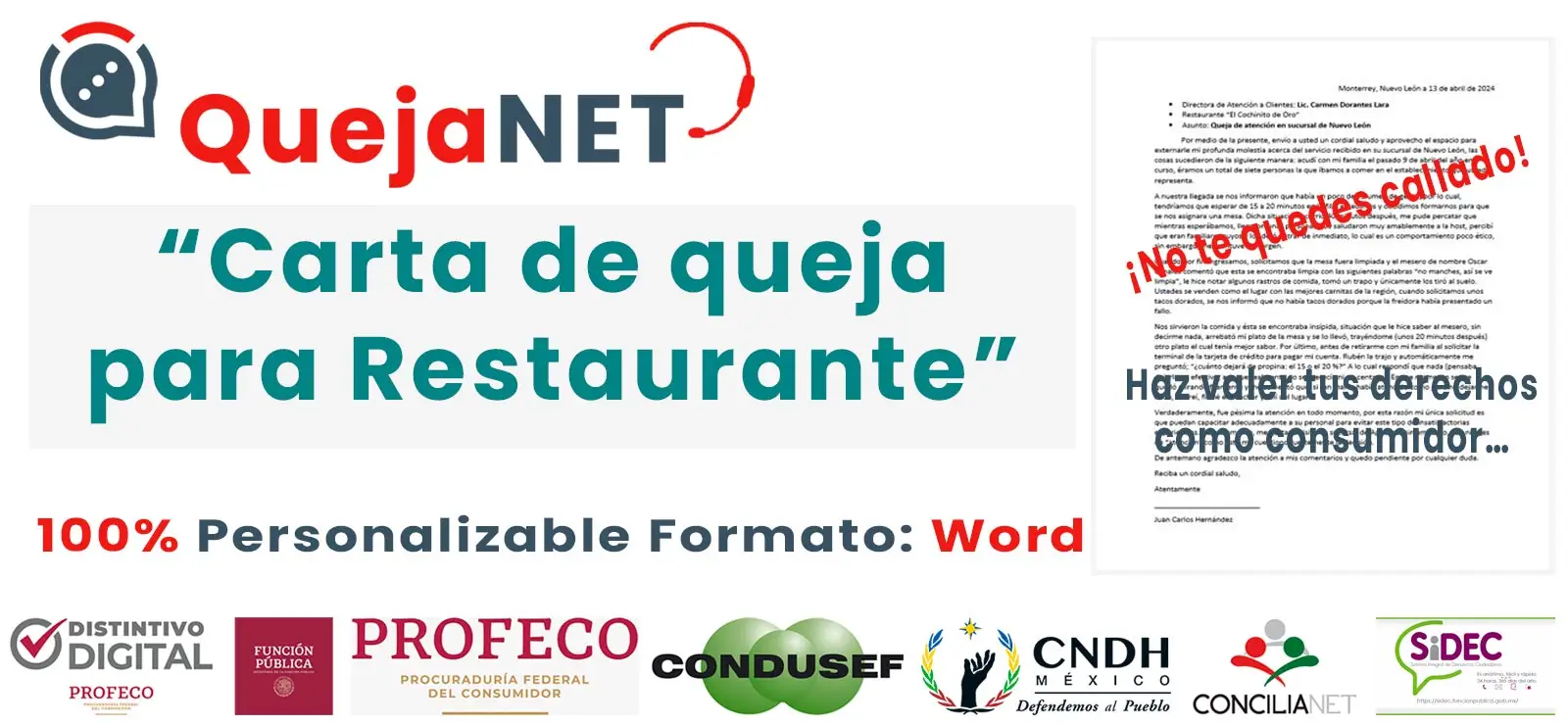 Carta de Queja: Restaurante (Formato 2025)