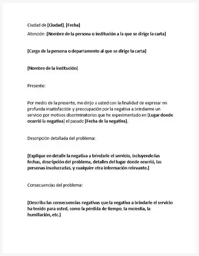 Carta de Queja para Negativa a brindar un servicio por motivos discriminatorios (Plantilla Gratis de Carta de Quejas por discriminación) | Queja.Net Sitio Oficial de Quejas, Reclamos y Denuncias