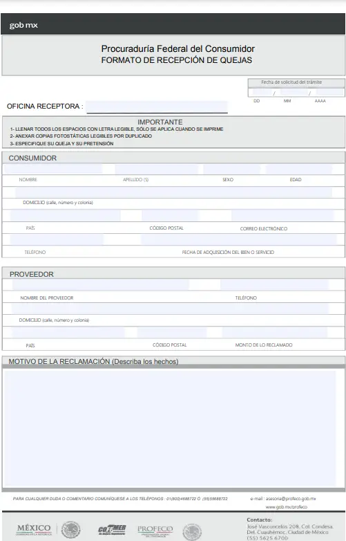 PROFECO: Formato de recepción de queja (img) (Quejas en línea de Gobierno y Servicios Públicos) | Queja.Net Sitio Oficial de Quejas, Reclamos y Denuncias
